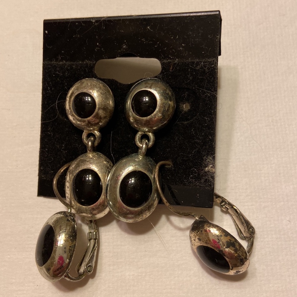 2 pair LCI Silvertone Dangle Earrings Black Stone